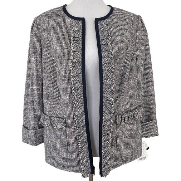 Doncaster Navy Blue White Tweed Ruffle Trim Full Zip Blazer Jacket Women's 14W - Picture 2 of 15